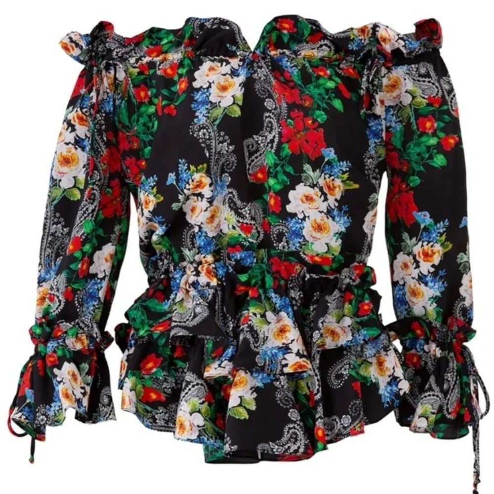Marissa Webb Blythe Top Silk Floral Blouse Off The Shoulder Size M